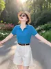 Blusa chic de manga curta com lapela estilo coreano para mulheres, nova slim-fit de verão 2026, modeladora, tricô versátil de cor sólida para o trabalho