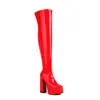 Botas de Cano Alto Cruzadas Couro Envernizado Bico Quadrado Solado Grosso Salto Grosso Salto Super Alto Plataforma Dupla Elástica Botas de Cano Alto Femininas