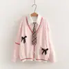 26039 Conjunto de Tricô Estilo College Doce Redutor de Idade com Laço Cardigan de Gola V + Camisa com Gravata Conjunto de Duas Peças para Mulheres
