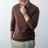 Suéter de punto de color liso transfronterizo para sitio web independiente, de punto, imitación de dos piezas, manga larga, casual, cuello redondo, capa interior, camisa base para otoño e invierno