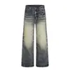 Calça jeans masculina americana de rua com lavagem degradê, calça reta de perna larga personalizada e estilosa com bolso duplo e desgastada