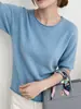 Toque Delicado de Pele! Blusa de Tricô com Gola Redonda, Barra Dobrada e Manga Curta para Mulheres, Peça Única Sem Costura, Outono Precoce, Cor Pura, Camiseta de Lã