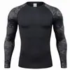 Camada base térmica masculina para atividades ao ar livre e esqui, forrada com fleece, secagem rápida, ajuste justo, top atlético estampado de manga longa para fitness e corrida