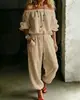 Conjunto de Duas Peças Europeu e Americano Transfronteiriço de Um Ombro em Estilo Boêmio com Blusa Solta de Manga Bufante + Calça Jogger para Mulheres