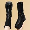 Botas Británicas Martin de Punto con Tacón Grueso hasta Media Pantorrilla para Mujer, Versátiles, que Aumentan la Altura, Adelgazantes, Color Sólido, Botas Individuales de Suela Gruesa para Mujer, Tacón Ultraligero