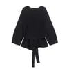 Atacado Fábrica de Roupas Femininas Transfronteiriça 2026 Primavera Novo Estilo com Cinto Ombreiras Costura Decorativa Suéter de Tricô Top Roupa Exterior