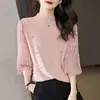 Tricô de Pequena Fragrância com Retalhos Japonês e Coreano Feminino Primavera/Outono 2025 Gola Alta Meia Blusa de Base Cor Lisa Manga Lanterna Top