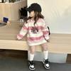Vestido Camiseta Rosa Rayado Estilo Coreano para Niñas 2025 Otoño Nuevo Camiseta Bordada de Manga Larga de Longitud Media para Bebés Niñas