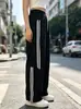 Pantalones Deportivos de Algodón a Rayas Estilo Americano con Cordón para Mujer, Pierna Ancha, Talla Grande 2026 Otoño, Cintura Alta, Corte Holgado, Adelgazantes