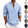 Website independente transfronteiriço: Nova camiseta Henley masculina de linho estilo americano, corte solto, casual, respirável, com decote V e mangas compridas, um item mais vendido