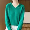 Sudadera con capucha de punto de otoño e invierno 100% lana de alta gama lista para usar, suéter con capucha suelto y suave, sudadera básica para mujer