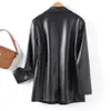 Chaqueta de Cuero Haining para Mujer, de Longitud Media, Negra, Cuello Alto, Cinturón de Corbata, Chaqueta de Cuero, Nuevo Estilo Otoño e Invierno, Elegante Abrigo de Cuero