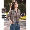 Algodón puro 2026 moda otoño retro camisa chaqueta de cuadros cortos de manga larga para personas menudas