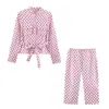 Roupas Femininas Transfronteiriças 2026 Moda Europeia e Americana Conjunto de Camisa de Manga Longa com Cinto de Bolinhas + Calça para Mulheres F612273/74