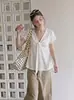 Camisa Corta de Manga Corta con Cuello en V y Lazos Estilo Dulce Coreano para Mujer Verano Diseño con Sentido Hermosa Camisa de Muñeca Top de Temperamento 17451