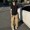 Calça de trabalho cáqui retro americana para homens e mulheres, multibolsos, corte reto, caimento solto, vintage, versátil, calça casual afina a silhueta