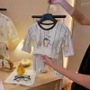 Conjunto de Pijama de Algodão com Lycra para Meninos e Meninas, Estilo Coreano Estampado Sem Costura Roupas e Calças de Outono, Camada Base Antibacteriana para Crianças