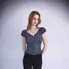 Estilo Francés de Ballet Transfronterizo Retro Y2K Cuadros Volantes Mangas Abullonadas Top Sexy Cuello en V Camiseta Adelgazante
