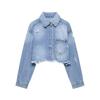 Europeu e Americano Transfronteiriço 2025 Novo Outono Exportação Feminina Popular Rasgada Decorativa Curta Casual Jaqueta Camisa Jeans