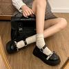 Mocassins Franceses de Bico Redondo com Solado Grosso para Mulheres Verão Novo Estilo Britânico Versátil com Laço Sapatos Mary Jane de Cano Baixo para Mulheres