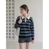 Ummoimoi Suéter de punto de manga larga a rayas color block con cuello tipo polo estilo coreano para mujer, diseño 2026, corte holgado, efecto adelgazante