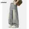 Pantalones vaqueros retro con lavado degradado, pantalones casuales de retazos para hombre, pantalones de cintura con cordón estilo americano