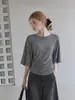 Camiseta informal holgada de manga media para mujer, color gris oscuro, cuello redondo, diseño de principios de otoño, corte ajustado