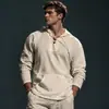 Camisa Masculina Esportiva Casual Tropical de Algodão e Linho com Amarração Bolso Decoração Cor Sólida Com Capuz Manga Longa Tendência