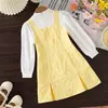 Vestido infantil para exportação, novo estilo primavera e outono 2026, moda coreana, vestido princesa duas peças com retalhos e mangas compridas para crianças maiores
