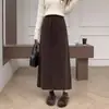 Saia Meia Malha Feminina Outono Inverno Cintura Elástica Cordão Reta Comprimento Médio Saia Casual Fenda Lápis Cinza