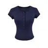 Top de manga corta estilo americano dulce y picante de Lyocell, Nuevo estilo Primavera Verano, Cuello redondo pequeño, Abotonado, Corte ajustado, Camiseta de fitness de cintura alta