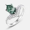 Anel Coroa Clássico Novo Transfronteiriço Ágata de Grama Aquática Natural Prata S925 Incrustado com Pedra de Musgo Verde Acessível ao Dedo Indicador Luxo Moda