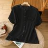 Camisa Artística Retrô de Algodão e Linho para Mulheres Verão 2025, Blusa Casual Colorida de Gola Alta e Manga Curta para Mulheres