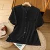 Camisa de Linho Lisa Cor Sólida Verão 2025 Feminina Cor Frita Gola Vertical Manga Curta Camisa Feminina Cardigã Top Casual Feminino Tendência