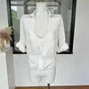 Blusa Top de Proteção Solar de Renda Ramie Tencel Manga Média Falsa Duas Peças