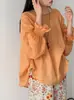 Laranja Zhi Verão Novo Estilo Coreano Renda de Linho Manga Longa Blusa Cor Sólida Gola Redonda Pulôver Camisa 5759
