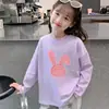 Camisa de Camada Interna Outono e Inverno para Meninas, Camiseta de Manga Longa 100% Algodão Primavera e Outono, Roupa Infantil Solta e Versátil, Blusa com Estampa e Gola Redonda