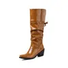 Estilo de comercio exterior 2026 nuevo, botas altas inspiradas en el estilo nómada, punta cuadrada pequeña, tacón grueso, diseño plisado, botas para mujer, disponibles para venta transfronteriza en AliExpress