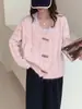 Cardigan de Tricô com Gola V e Botões de Chifre Estilo Coreano Novo Primavera Suéter Solto Macio Estilo Suave para Mulheres Tendência
