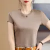 T-shirt de pescoço redondo de cor sólida camisa feminina de algodão curto mercerizado camisa de meia manga slim fit emagrecedor primavera e verão nova manga curta