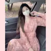 2025 Novo Estilo Outono Elegante Francês Fada Saia Longa Cintura Vestido Rosa Chiffon Floral Decote V para Mulheres