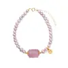 Pulsera de Perlas de Agua Dulce de Forma Irregular Rosa-Morado para Mujer, Elegante y con Estilo, con Cuentas de Cristal Morado y un Collar de Diseño Fluido y Suave