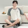 Pijama masculino de verão fino de algodão stretch, com mangas curtas, novo 2026, cartoon, casual, para casa, pode ser usado fora