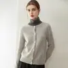 Cardigan macio e versátil de outono e inverno com gola redonda 100% cashmere para mulheres, suéter de malha simples solto de sete pontos de dupla camada