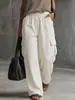 Calças de trabalho casuais de perna larga para mulheres, cintura elástica, multi-bolsos, estilo europeu e americano, cintura alta, soltas, versáteis, perna reta