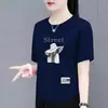 Camiseta de Manga Corta para Mujer Talla Grande, Excedente de Stock de Comercio Exterior Transfronterizo, Corte Holgado, Adelgazante, Versátil, Top Estampado de Media Manga