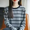 Primavera 2026 Nuevo Estilo Algodón Puro Versátil Moda Simple Rayas Cuello Redondo Tejido Bloques de Color Manga Larga Suéter Casual Tendencia