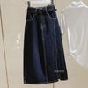 Tamanho Grande Gordinha Menina Saia Jeans Primavera e Verão Cintura Alta Dividida Comprimento Médio Design Sense Pequena Saia Linha A