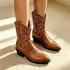 Botas vaqueras occidentales transfronterizas Otoño/Invierno 2026 Bordadas Tacón grueso Versátiles de media pantorrilla Retro Corte en V Tallas grandes Botas Martin para mujer