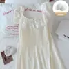 Nueva Estilo Verano 2026 Bata de Noche de Algodón Nube para Mujer, Encaje Blanco Crudo con Mangas Cortas Volantes y Almohadillas en el Pecho, Ropa de Casa Dulce de Longitud Media
